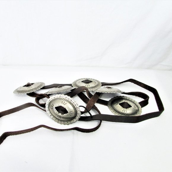 German silver conchos black leather tie belt 54\